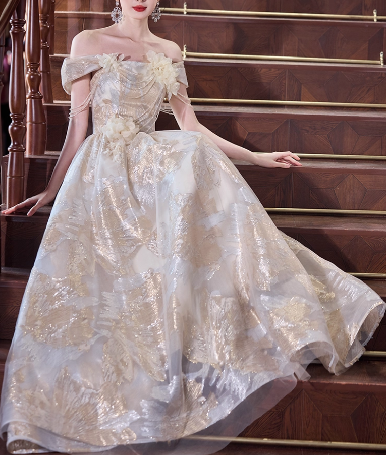 Glamorous Champagne Off-Shoulder 3D Floral Gold Embroidery Sweet 16 Quinceanera Ball Gown DP7543