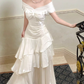 Glamorous Ivory Satin Off-Shoulder Mermaid Ruffled Prom Dress DP7558