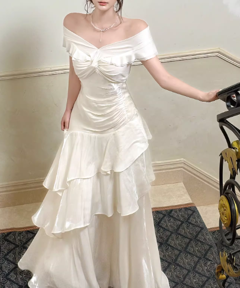 Glamorous Ivory Satin Off-Shoulder Mermaid Ruffled Prom Dress DP7558