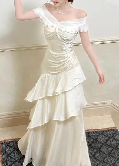 Glamorous Ivory Satin Off-Shoulder Mermaid Ruffled Prom Dress DP7558