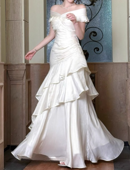 Glamorous Ivory Satin Off-Shoulder Mermaid Ruffled Prom Dress DP7558