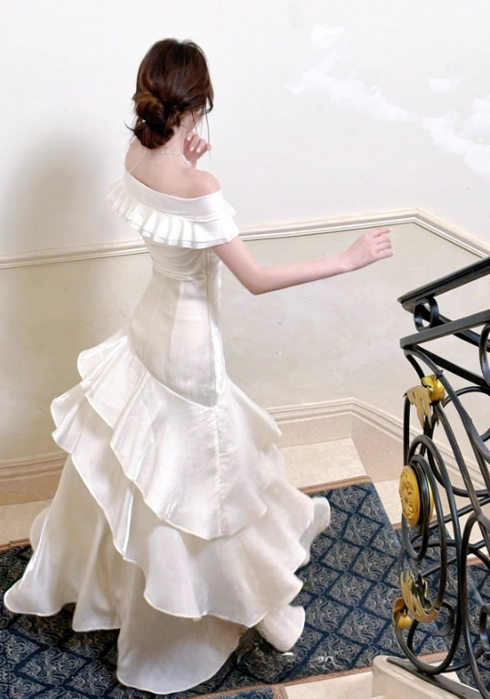 Glamorous Ivory Satin Off-Shoulder Mermaid Ruffled Prom Dress DP7558