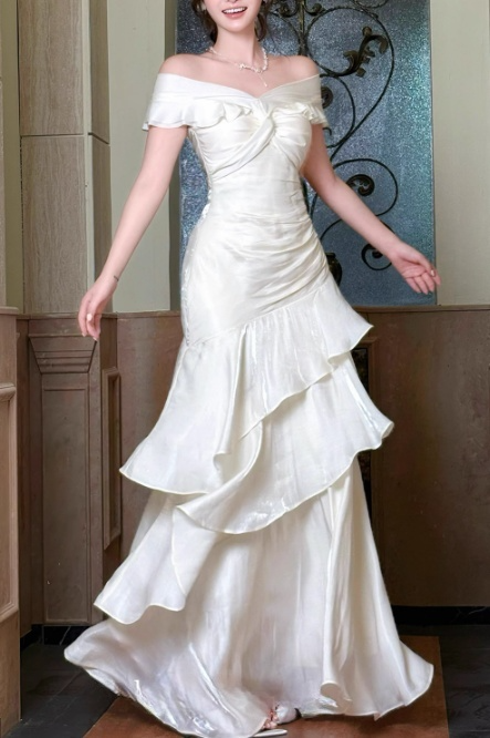 Glamorous Ivory Satin Off-Shoulder Mermaid Ruffled Prom Dress DP7558