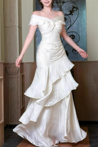 Glamorous Ivory Satin Off-Shoulder Mermaid Ruffled Prom Dress DP7558