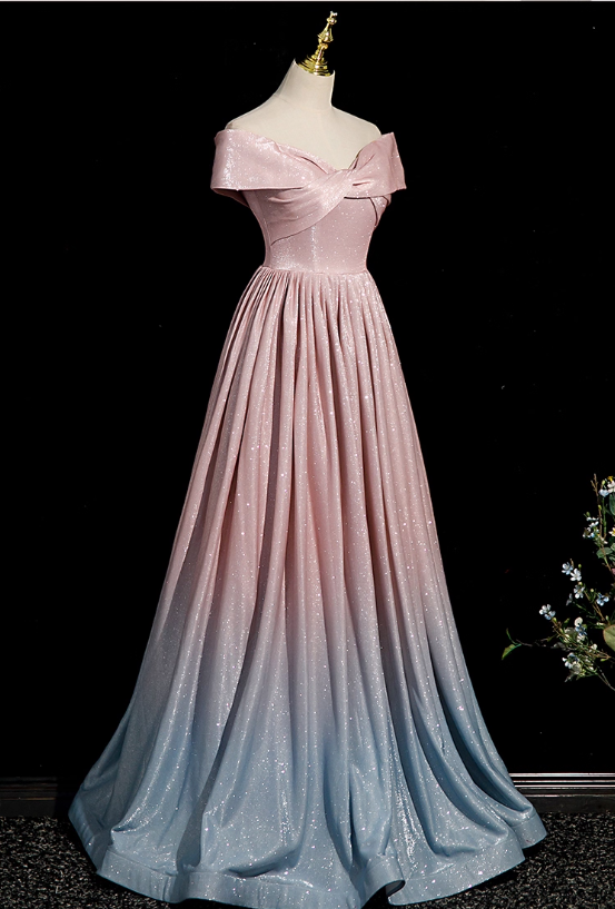 Glamouröses, rosa-blaues Ombré-Abendkleid in A-Linie mit Glitzerstoff, schulterfrei, DP7559