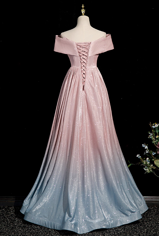Glamouröses, rosa-blaues Ombré-Abendkleid in A-Linie mit Glitzerstoff, schulterfrei, DP7559