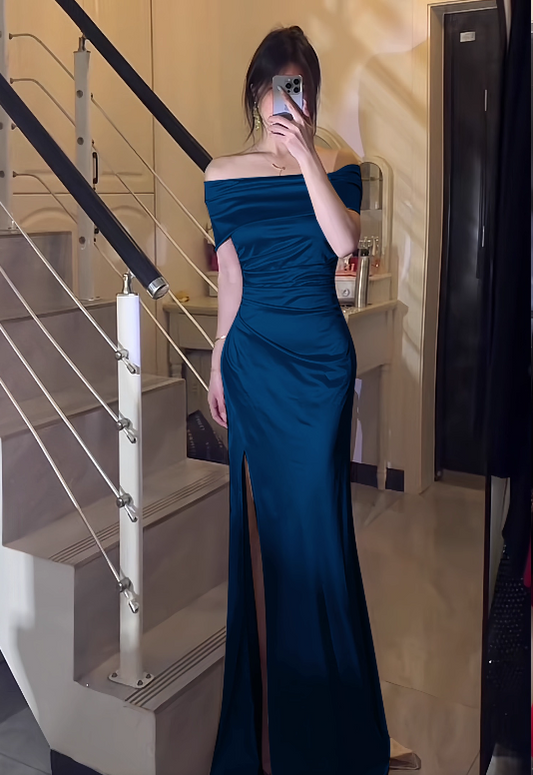 Glamorous Satin Off-Shoulder Maxi Sheath High Slit Prom Dress DP7560