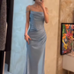 Vintage Light Blue Glitter Satin Spaghetti Strap Mermaid Ruched Prom Dress DP7561