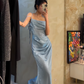 Vintage Light Blue Glitter Satin Spaghetti Strap Mermaid Ruched Prom Dress DP7561