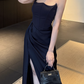 Vintage Navy Blue Satin Strapless Maxi Dress Ruched Slit Sheath Prom Dress DP7566