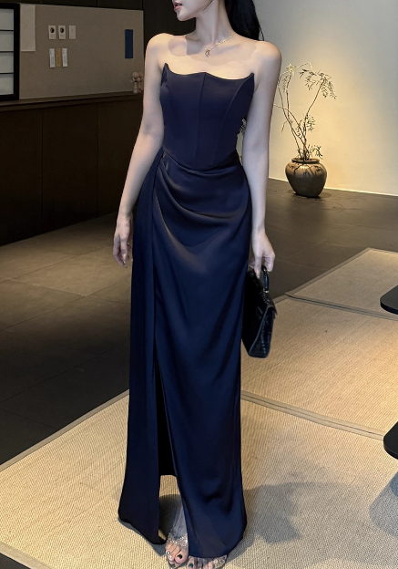 Vintage Navy Blue Satin Strapless Maxi Dress Ruched Slit Sheath Prom Dress DP7566