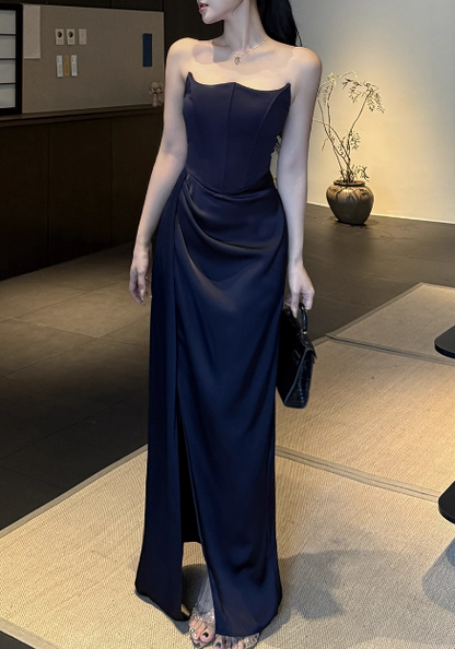 Vintage Navy Blue Satin Strapless Maxi Dress Ruched Slit Sheath Prom Dress DP7566