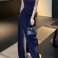 Vintage Navy Blue Satin Strapless Maxi Dress Ruched Slit Sheath Prom Dress DP7566