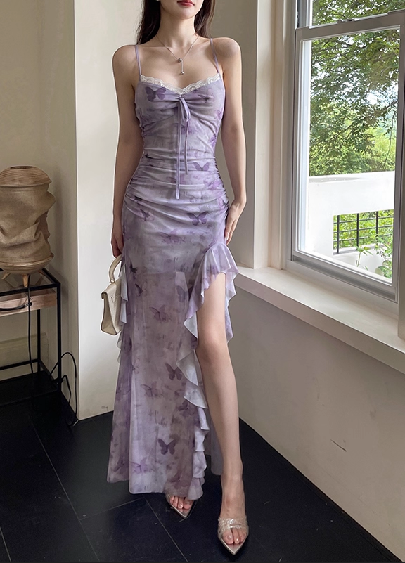 Vintage-Maxikleid mit Lavendel-Schmetterlingsmuster, Spaghettiträgern, Spitzenbesatz, Rüschen und Schlitz, Ballkleid DP7567