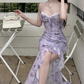 Vintage-Maxikleid mit Lavendel-Schmetterlingsmuster, Spaghettiträgern, Spitzenbesatz, Rüschen und Schlitz, Ballkleid DP7567
