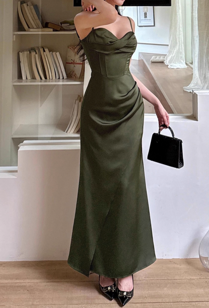 Vintage olivgrünes Satin-Maxikleid mit Spaghettiträgern, gerafftes Etuikleid, Abiballkleid DP7565