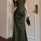 Vintage olivgrünes Satin-Maxikleid mit Spaghettiträgern, gerafftes Etuikleid, Abiballkleid DP7565