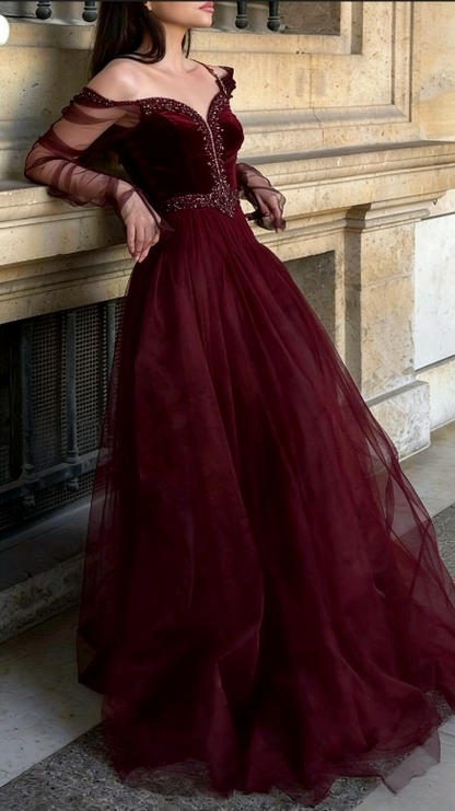 Vintage Off-Shoulder Tulle Sheer Long-Sleeve A-Line Formal Evening Gown DP2946
