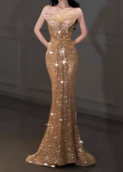 Vintage Rose Gold Sequin Mermaid Evening Gown Off-the-Shoulder Bow Accent Formal Train Prom Dress DP7583