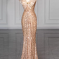 Vintage Rose Gold Sequin Mermaid Evening Gown Off-the-Shoulder Bow Accent Formal Train Prom Dress DP7583