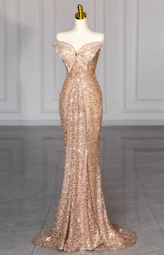 Vintage Rose Gold Sequin Mermaid Evening Gown Off-the-Shoulder Bow Accent Formal Train Prom Dress DP7583