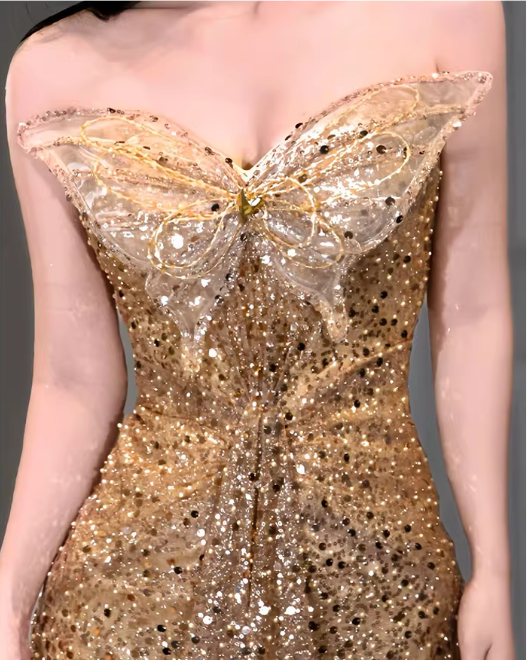 Vintage Rose Gold Sequin Mermaid Evening Gown Off-the-Shoulder Bow Accent Formal Train Prom Dress DP7583