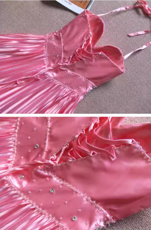 Robe de soirée glamour rose fuchsia à col halter ornée de perles, robe de bal plissée en satin DP7604