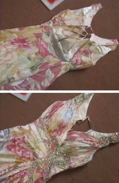 Romantisches Abendkleid mit Blumenmuster, V-Ausschnitt, perlenbesetztem Oberteil, Midi-Länge, Ballkleid DP7606