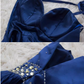 Vintage Navy Blue Halter-Neck Evening Gown Beaded Bodice Pleated Satin Floor-Length Prom Dress DP7608