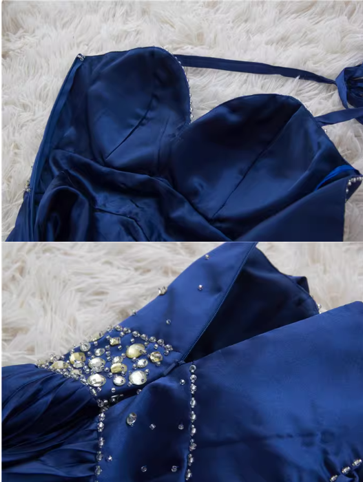 Vintage Navy Blue Halter-Neck Evening Gown Beaded Bodice Pleated Satin Floor-Length Prom Dress DP7608