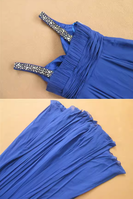 Elegantes königsblaues Abendkleid mit Spaghettiträgern, perlenbesetzt, gerafft, Chiffon, Midi-Länge, DP7609