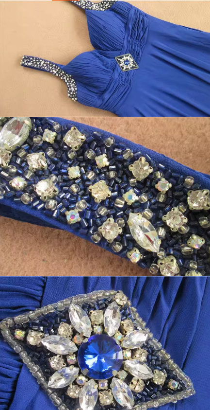 Elegantes königsblaues Abendkleid mit Spaghettiträgern, perlenbesetzt, gerafft, Chiffon, Midi-Länge, DP7609