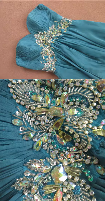 Elegantes türkisfarbenes, trägerloses Abendkleid mit herzförmigem, perlenbesetztem Oberteil und Chiffon-Midi-Länge (DP7610)