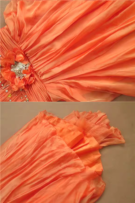 Wunderschönes orangefarbenes, trägerloses Abendkleid mit Perlenbesatz am Oberteil, Chiffon-Abendkleid DP7613