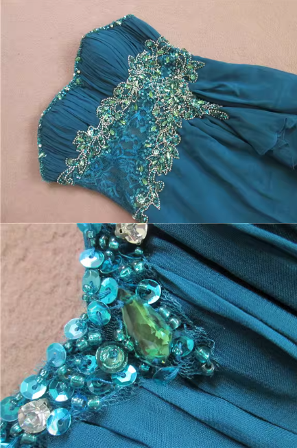 Elegant Teal Strapless Evening Gown Sequin Bodice Chiffon Prom Dress DP7617