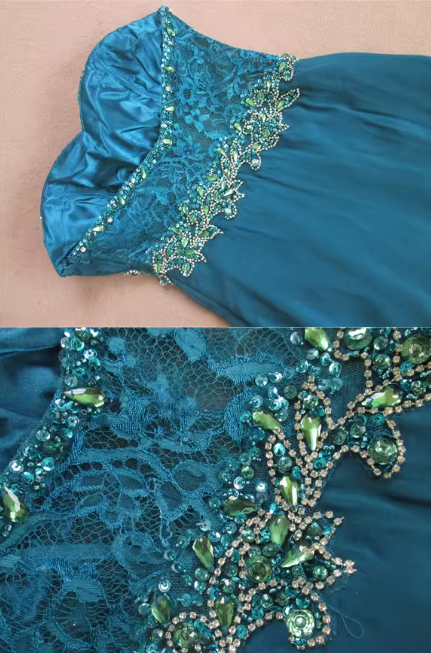 Elegant Teal Strapless Evening Gown Sequin Bodice Chiffon Prom Dress DP7617