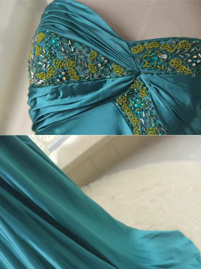 Elegantes, türkisfarbenes, trägerloses Abendkleid mit Perlenbesatz aus luxuriösem Satin, asymmetrisches Design, DP7621