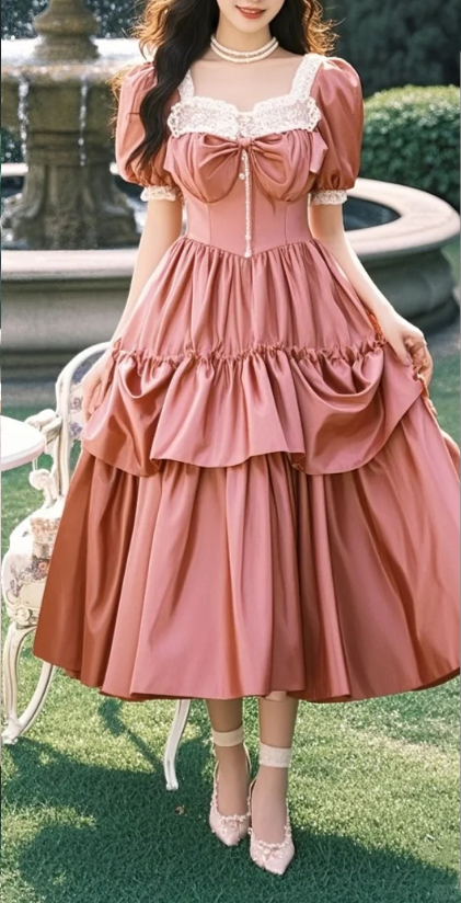 Vintage-rosa Ballkleid mit Puffärmeln, Rüschen und gestuftem Spitzenbesatz, Sweet 15 Quinceañera DP7624