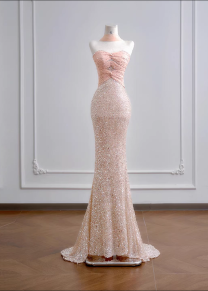 Glamorous Pink Sequin Mermaid Evening Gown Strapless Ruched Bodice Floor-Length Train Prom Dress DP7629
