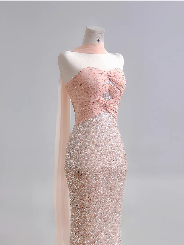 Glamorous Pink Sequin Mermaid Evening Gown Strapless Ruched Bodice Floor-Length Train Prom Dress DP7629