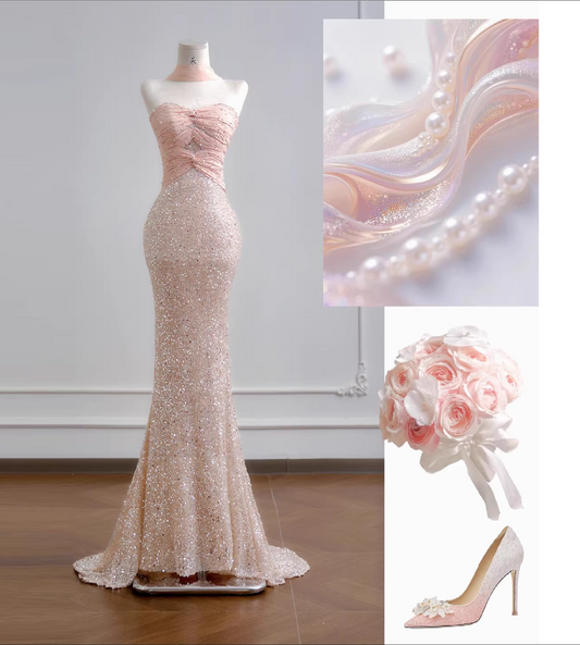 Glamorous Pink Sequin Mermaid Evening Gown Strapless Ruched Bodice Floor-Length Train Prom Dress DP7629