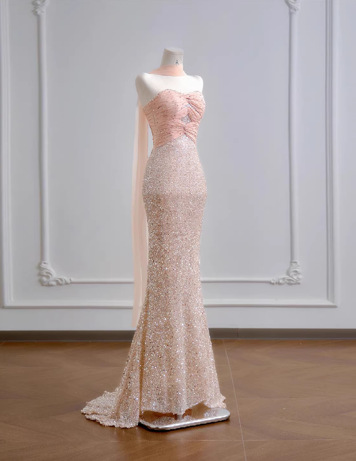 Glamorous Pink Sequin Mermaid Evening Gown Strapless Ruched Bodice Floor-Length Train Prom Dress DP7629