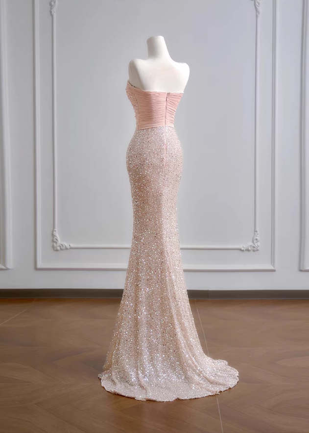 Glamorous Pink Sequin Mermaid Evening Gown Strapless Ruched Bodice Floor-Length Train Prom Dress DP7629
