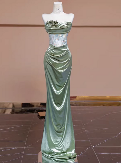 Glamorous Soft Green Satin Strapless Evening Gown Ruched Floral Shimmering Bodice Prom Dress DP7630