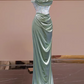 Glamorous Soft Green Satin Strapless Evening Gown Ruched Floral Shimmering Bodice Prom Dress DP7630