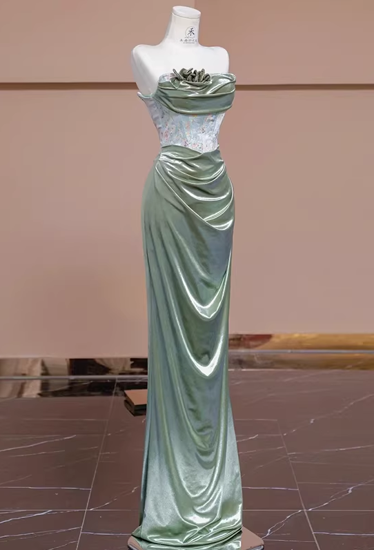 Glamorous Soft Green Satin Strapless Evening Gown Ruched Floral Shimmering Bodice Prom Dress DP7630