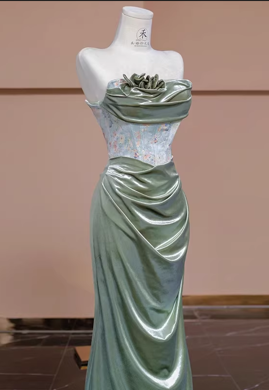 Glamorous Soft Green Satin Strapless Evening Gown Ruched Floral Shimmering Bodice Prom Dress DP7630