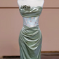 Glamorous Soft Green Satin Strapless Evening Gown Ruched Floral Shimmering Bodice Prom Dress DP7630