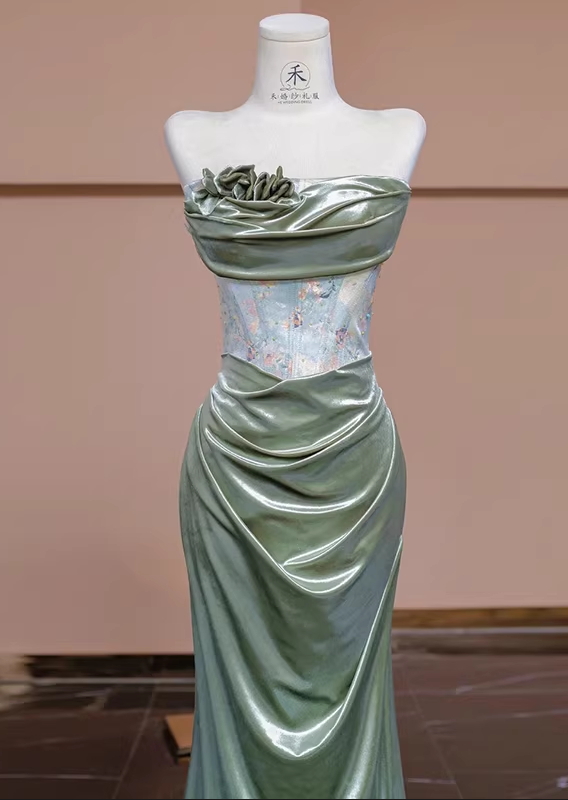 Glamorous Soft Green Satin Strapless Evening Gown Ruched Floral Shimmering Bodice Prom Dress DP7630