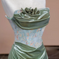 Glamorous Soft Green Satin Strapless Evening Gown Ruched Floral Shimmering Bodice Prom Dress DP7630